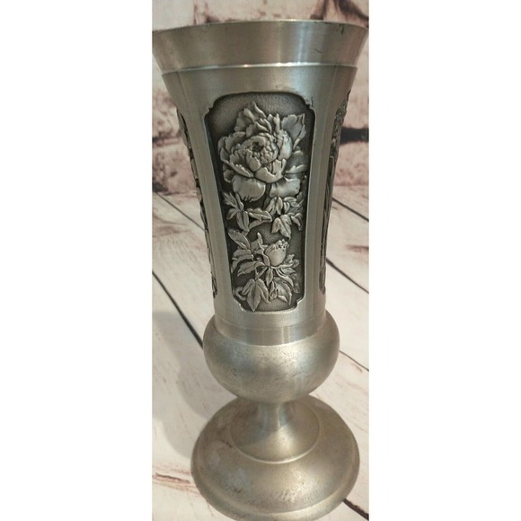 TUMASEK PEWTER Vase Chalice Mug Cup Wine goblet floral etched Malyasia - Picture 3 of 7